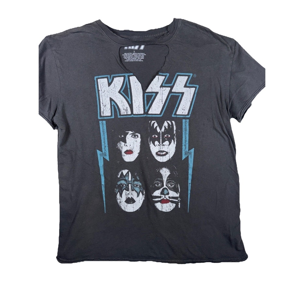 KISS Band Graphic T-Shirt Charcoal Gray Cutout V-Neck Distressed Rock Tee Large